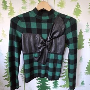 Plaid Green and Black Women's Top with Bow Detail